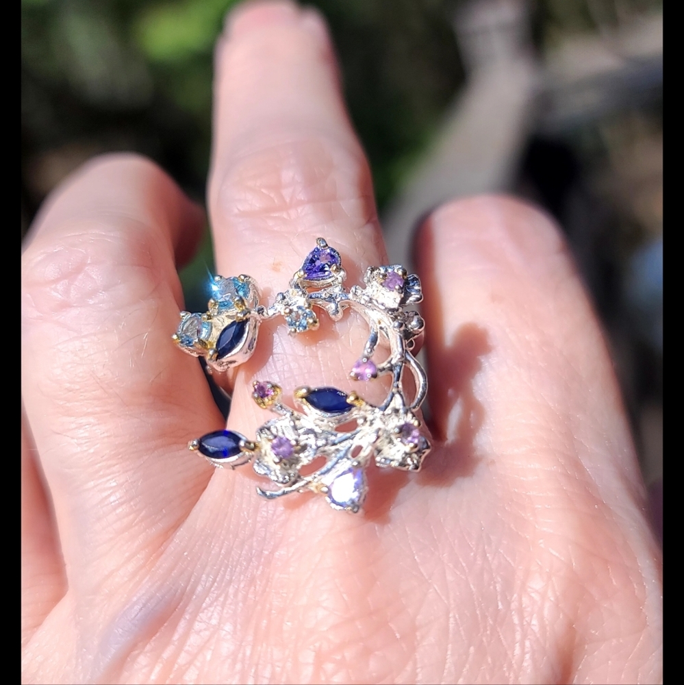 Sapphire Amethyst Tanzanite &Topaz Floral wreath Sterling Ring sz6.75 - Picture 9 of 10